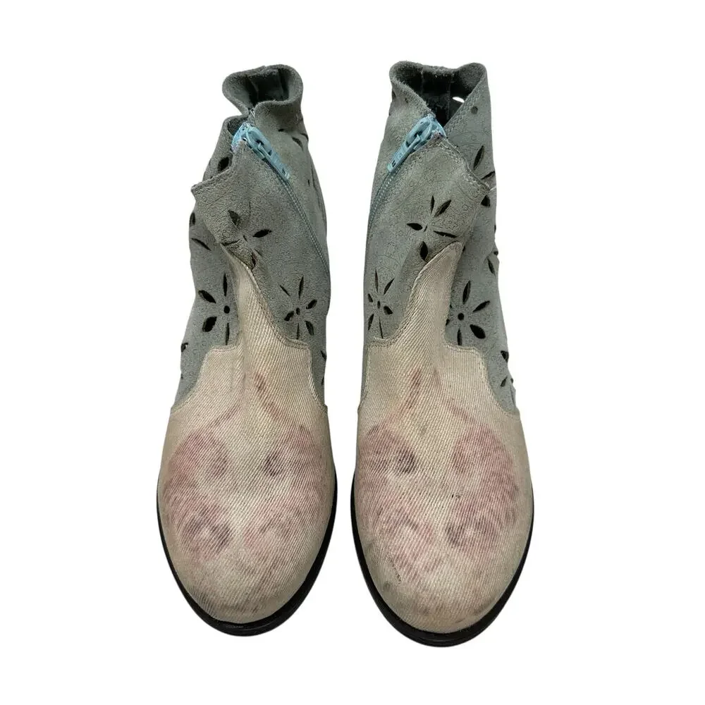 Desigual Ankle Boots Cutwork Tiger Print‎ Heeled Blue Cream Pink Size 41 US 10
